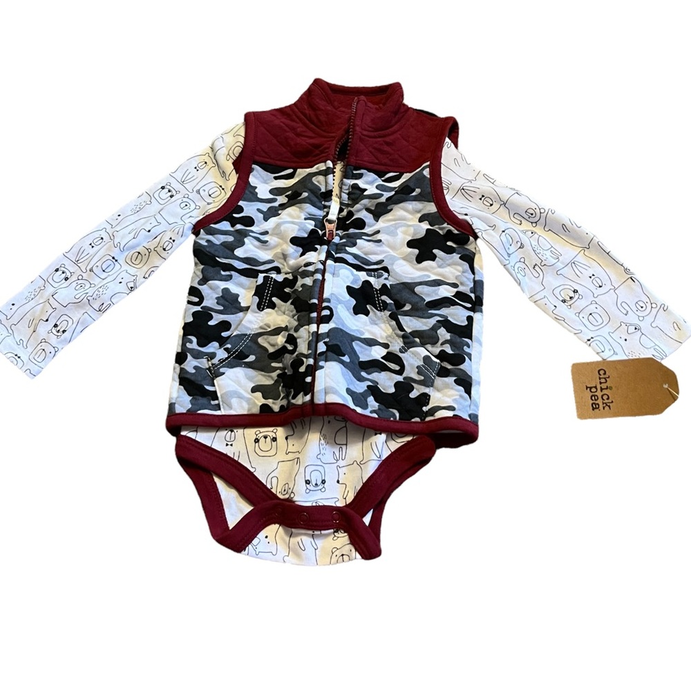 NWT Chick Pea Woodland Creatures Onesie and Camo Vest Outfit
